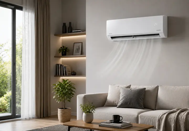 Modern Ev Tipi İnverter Klima Modern ev ortamında duvara monte edilmiş enerji tasarruflu inverter klima